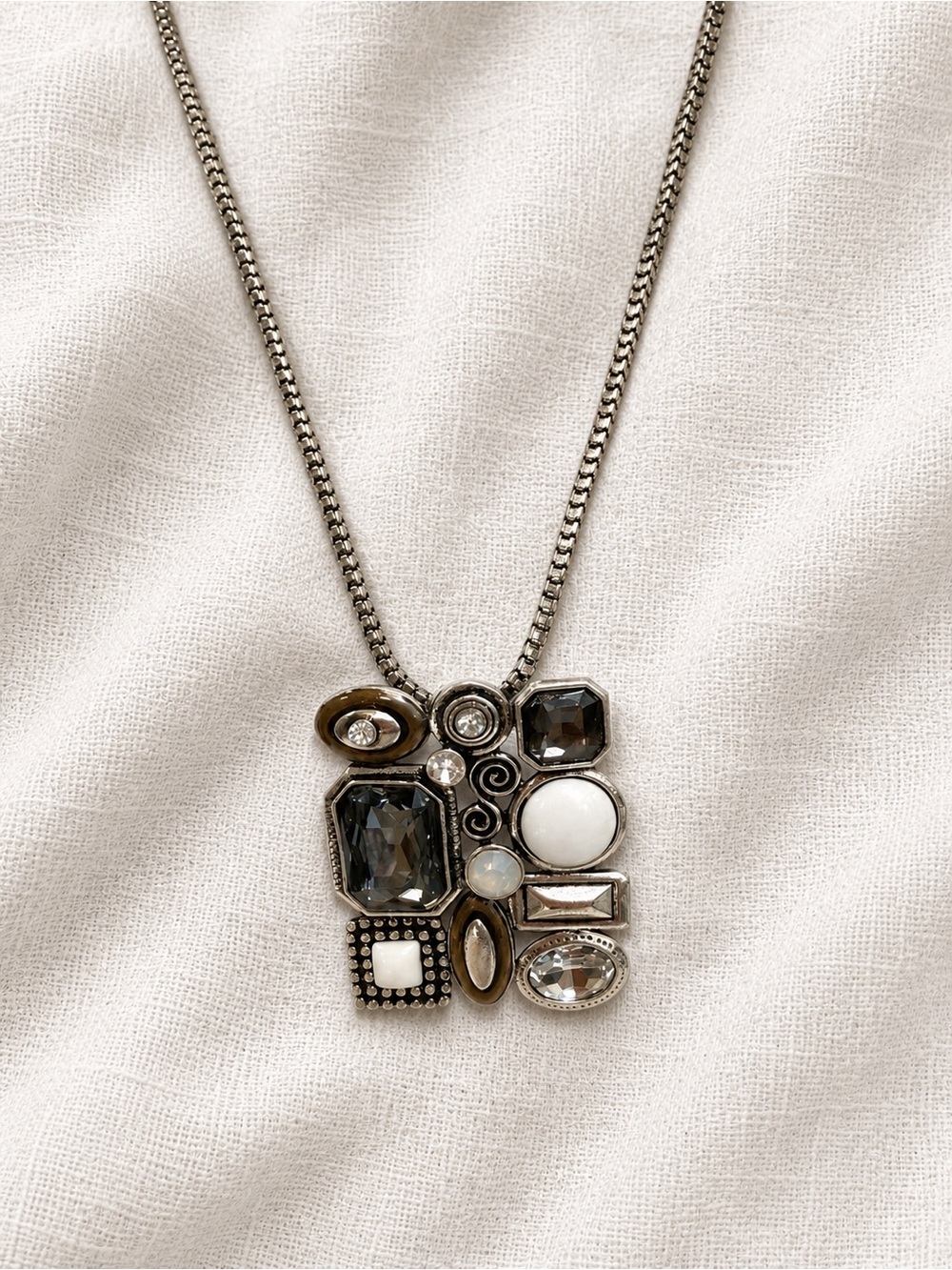 ❤️Women’s Silver Multi-Stone Mosaic Pendant Necklace - White & Gray